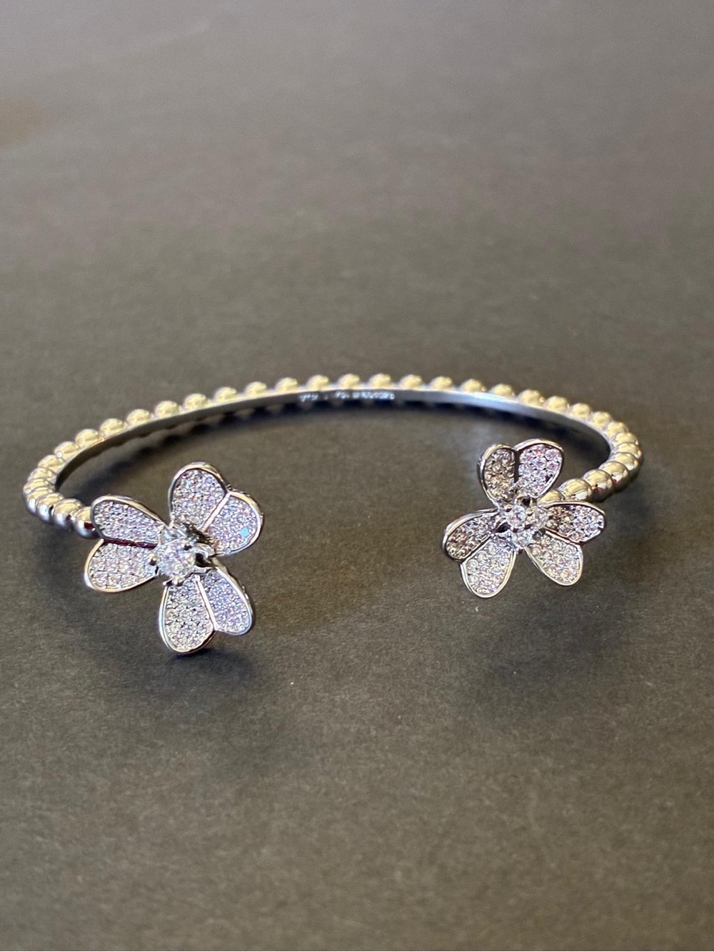 Stainless Steel Fashion Silver Flower Bangle Bracelet Rhinestones Adjustable